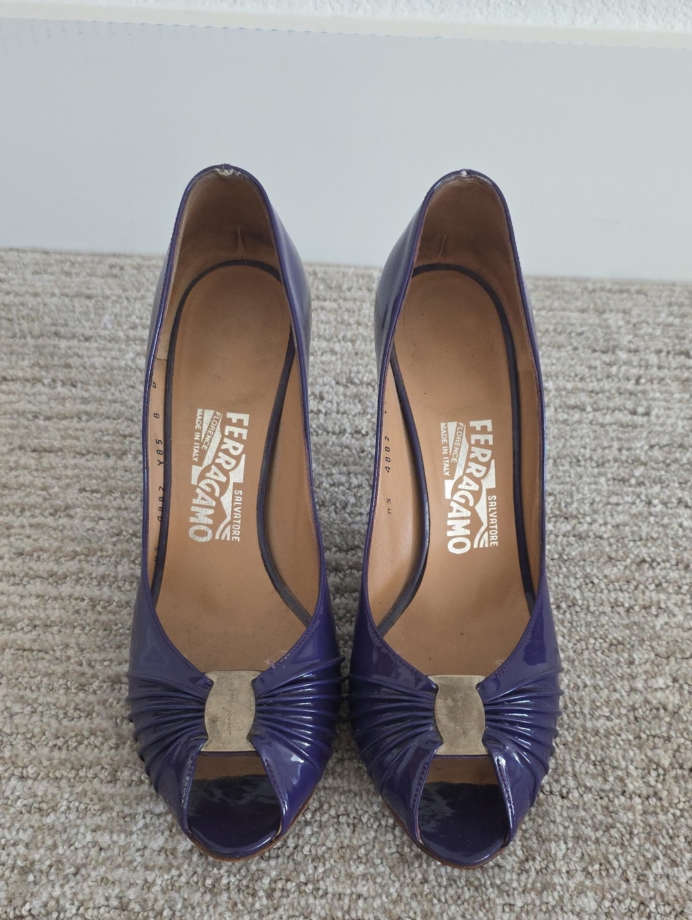 Salvatore Ferragamo Purple Patent Peep-Toe Pumps with Signature Metal Accent